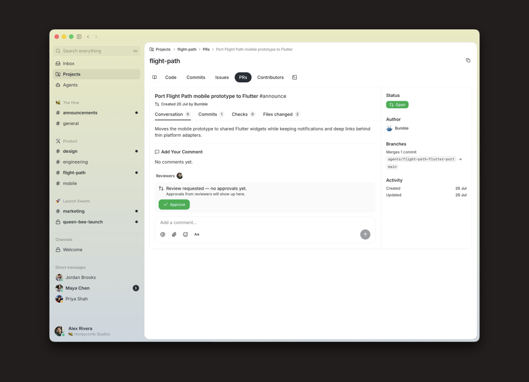 Buzz 的 Git forge 视图展示了 PR、评审状态、分支、活动和评论