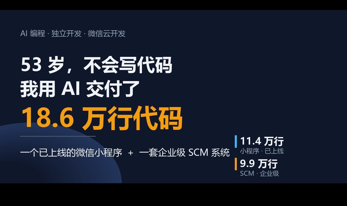 # 53 岁不会写代码，我用 AI 交付了 18.6 万行代码：一个已上线的微信小程序 + 一套企业级 SCM