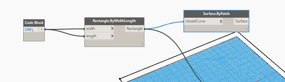 Rectangle.ByWidthLength：创建一个矩形，它将作为实体的基础。 Surface.ByPatch：将矩形连接到“closedCurve”输入以创建底部曲面。