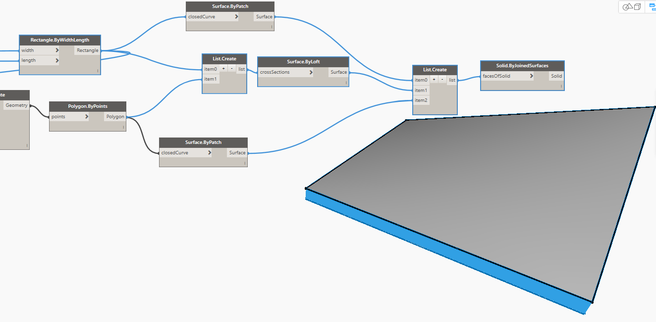 List.Create：将底部矩形和顶部多边形连接到索引输入。 Surface.ByLoft：放样两个轮廓以创建实体的侧面。 List.Create：将顶面、侧面和底面连接到索引输入以创建曲面列表。 Solid.ByJoinedSurfaces：连接曲面以创建实体模块。