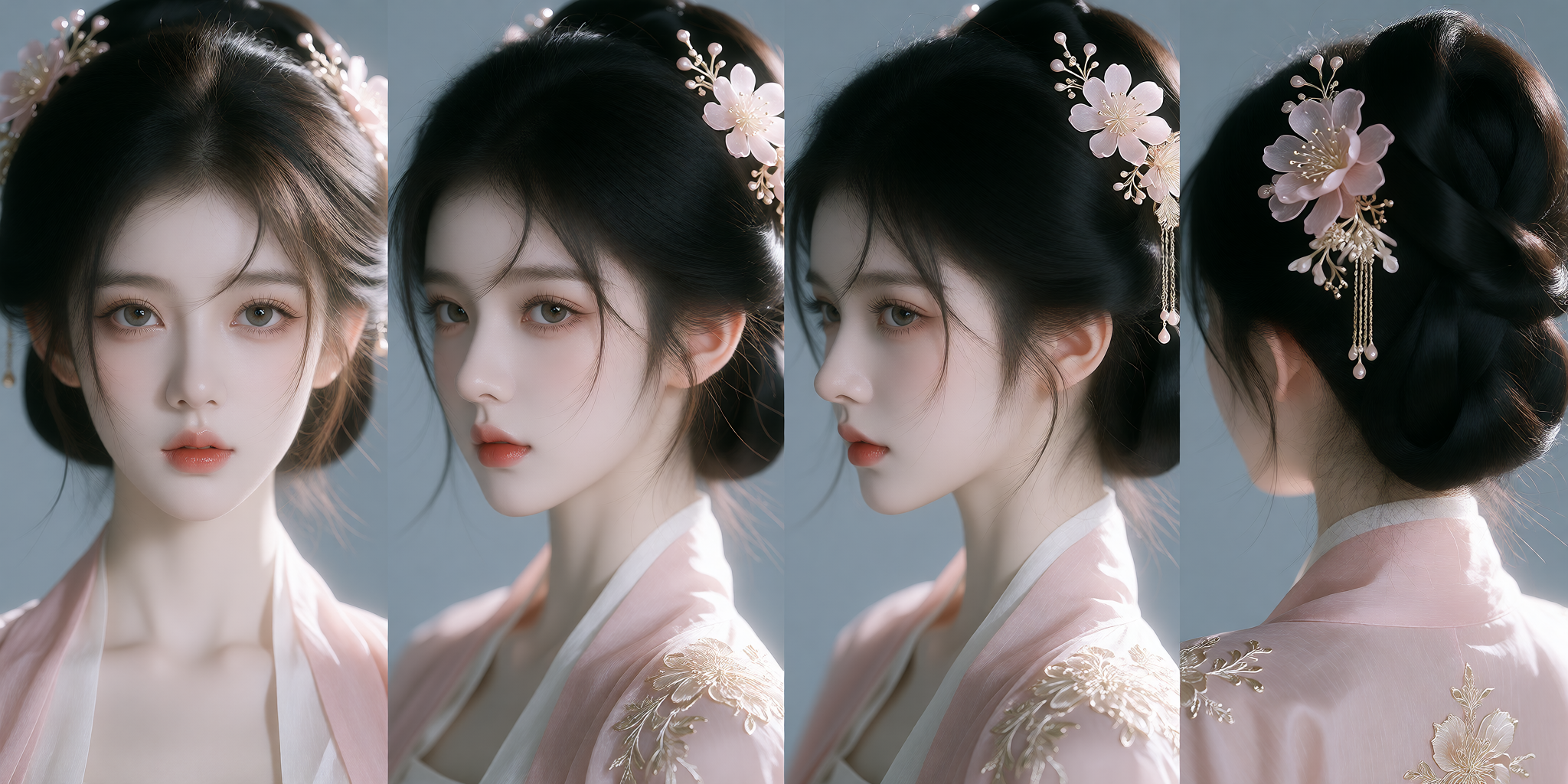 同一张图里的四格:正面 / 四分之三侧 / 九十度侧面 / 背面