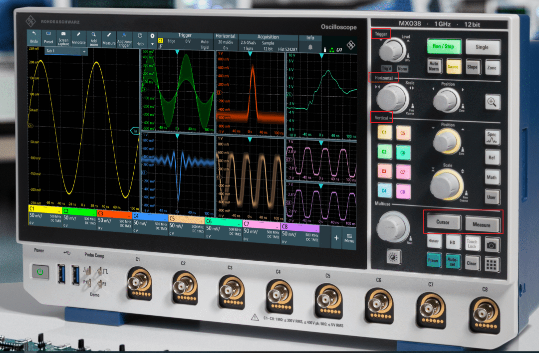 R&S的交互这边是把测量功能放到了最下面，这是和其它示波器不一样的地方