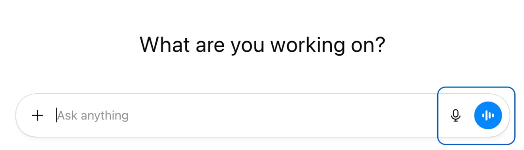 ChatGPT 聊天界面:顶部标题"What are you working on?",输入框提示"Ask anything",右侧有麦克风和语音图标
