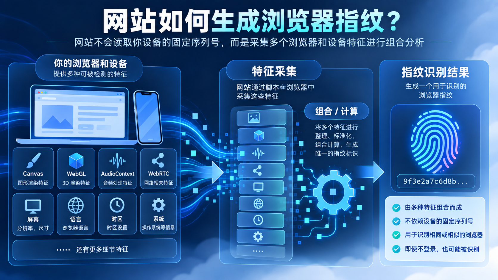 网站通常不是读取固定编号，而是组合多个浏览器与设备特征形成识别结果。