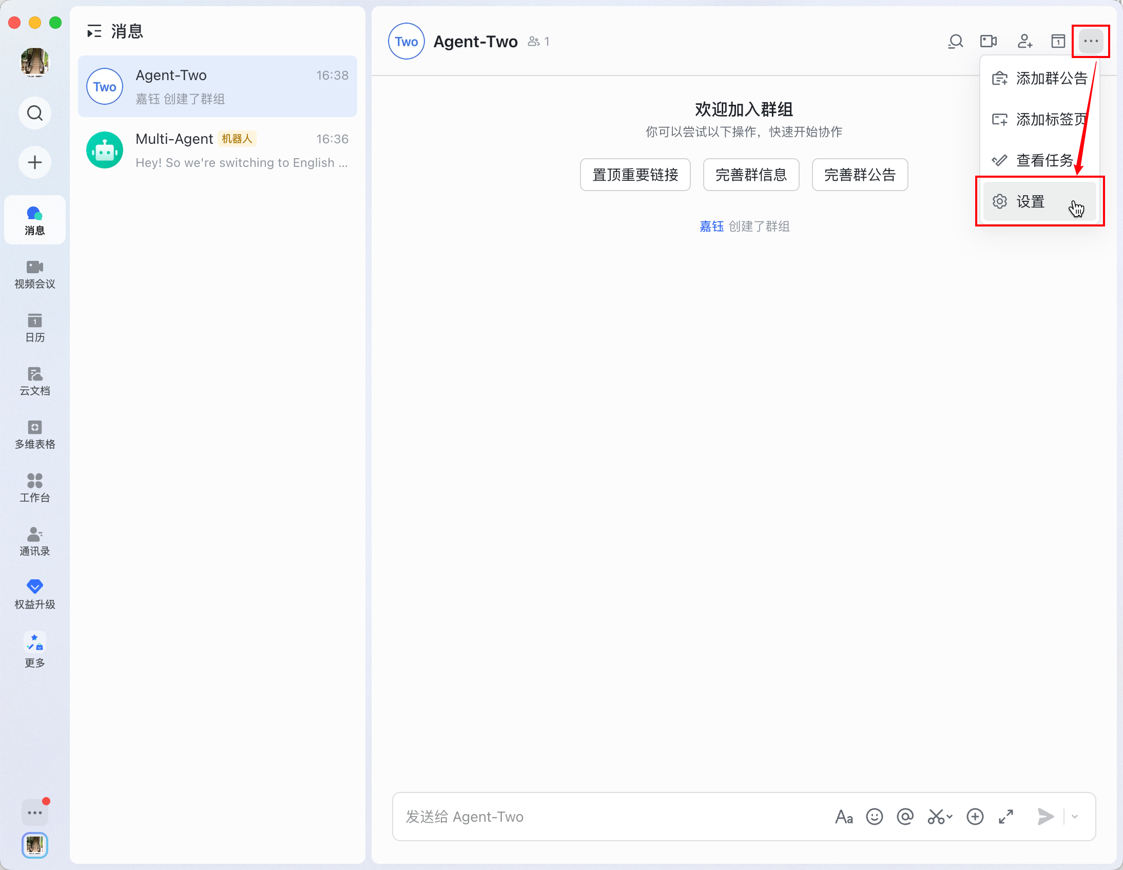 Entry to Feishu group settings