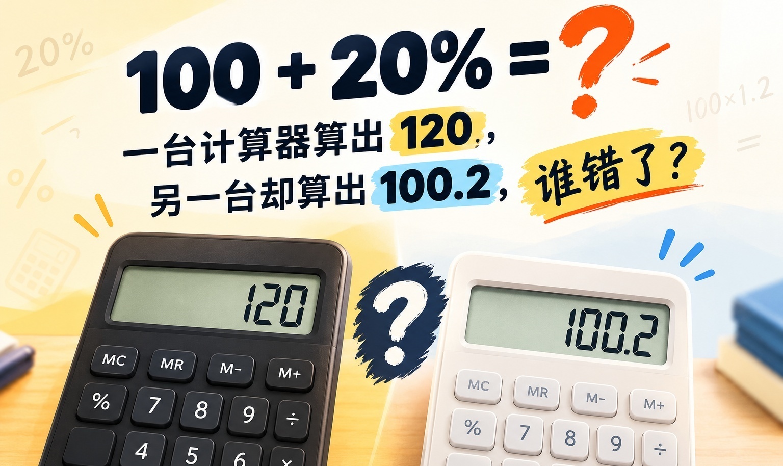 100 + 20% = ？一台计算器算出 120，另一台却算出 100.2，谁错了？