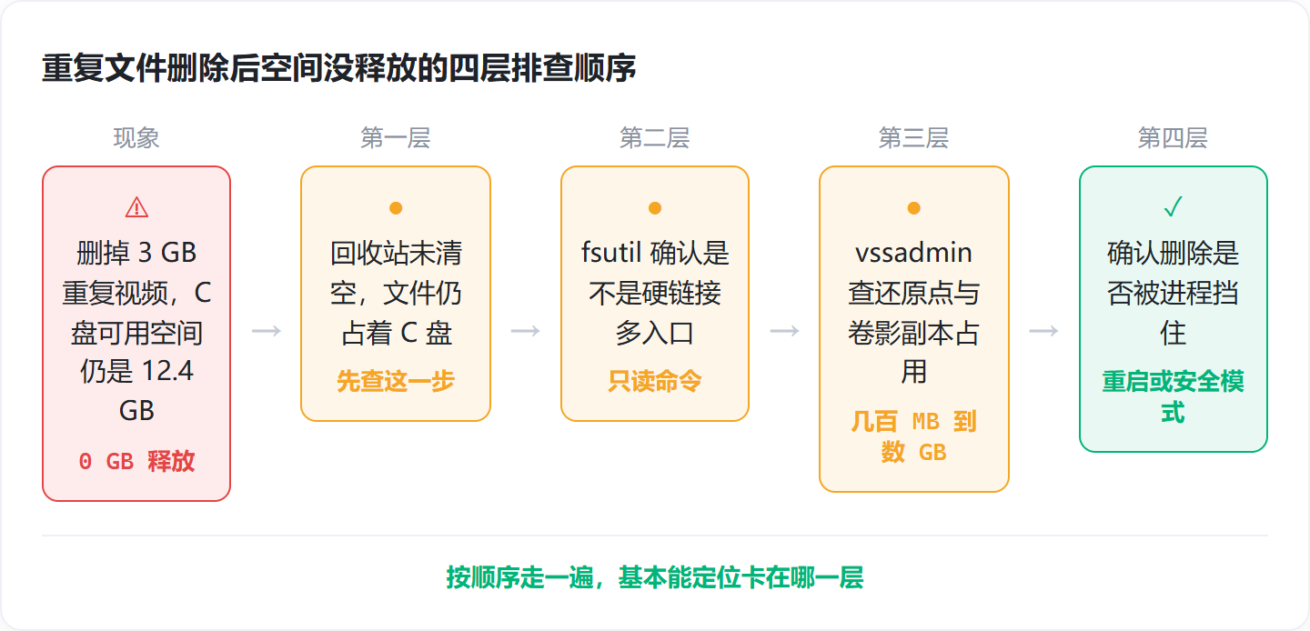 电脑重复文件删除，按 4 步排查，删了 3 GB 可用空间还是没变