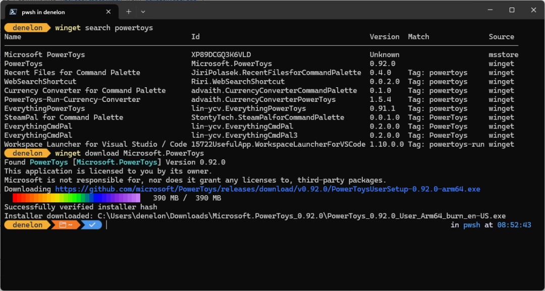 Screenshot of entering the winget download command in a command line of Windows Terminal.