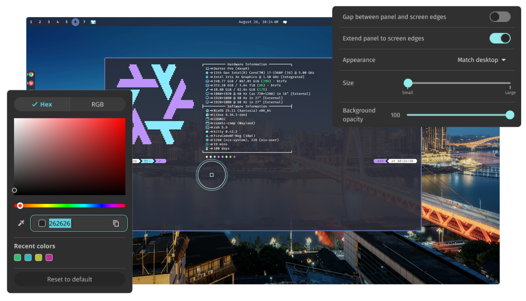 Screenshots of COSMIC with theme options and color picker