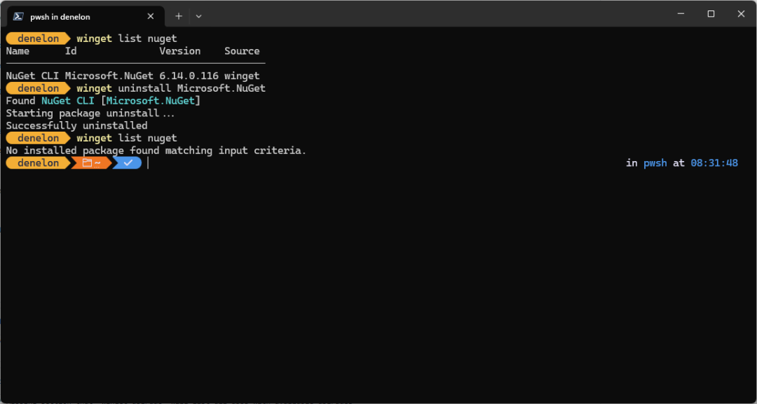 Screenshot of entering the winget uninstall command in a command line of Windows Terminal.