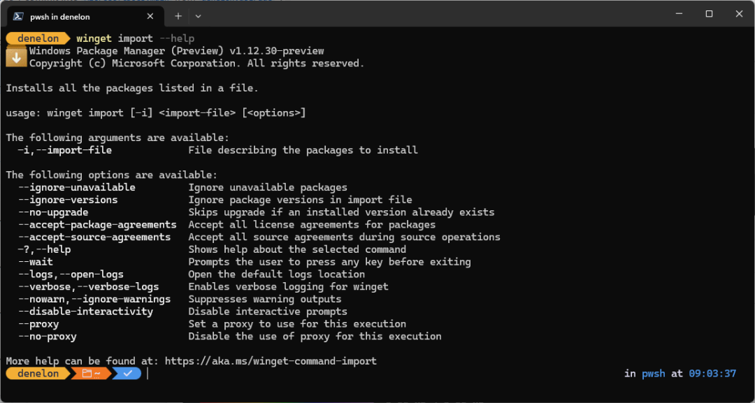 Screenshot listing winget import command help options.