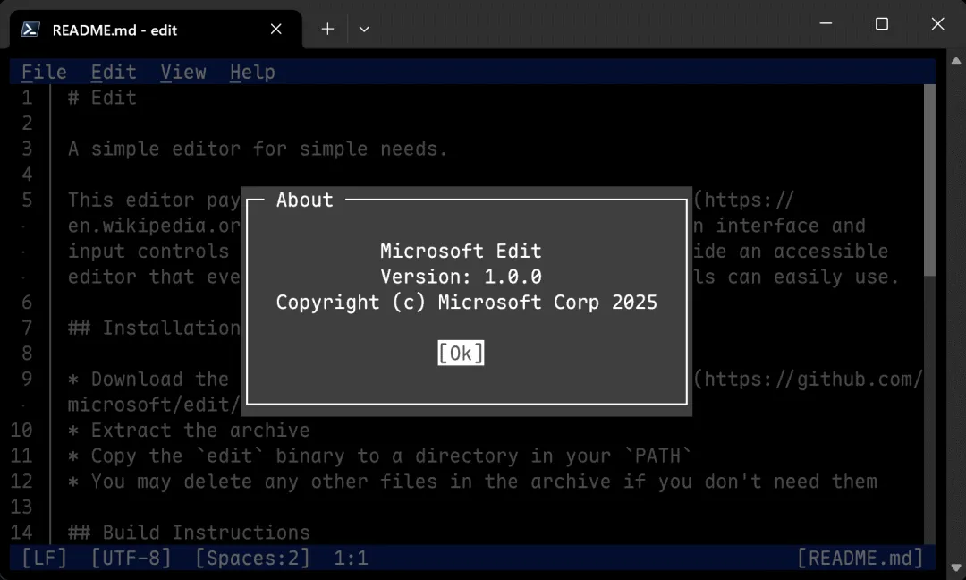 Screenshot of Edit with the About dialog in the foreground