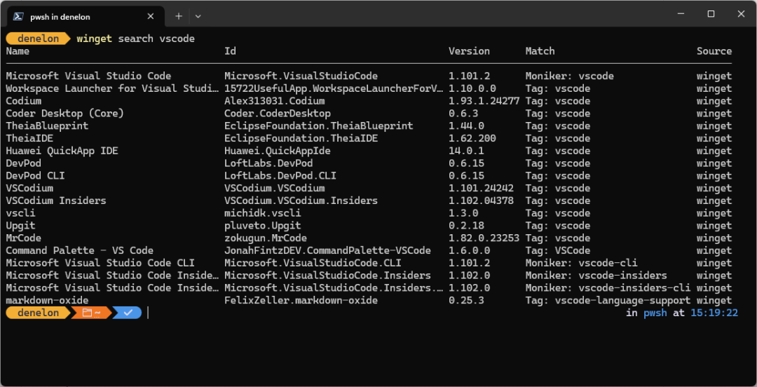 Screenshot Windows PowerShell displaying the results of the winget search command.