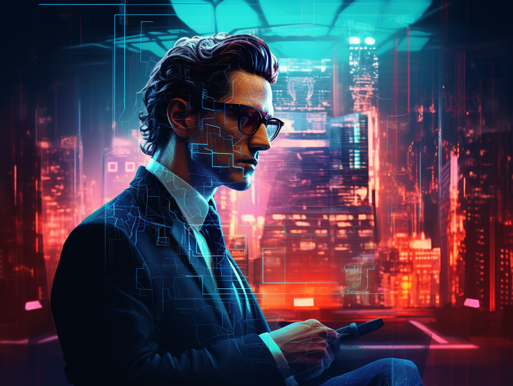 A Python programmer with a futuristic vibe. The programmer is wearing sleek, high-tech glasses and is surrounded by floating lines of code and virtual screens displaying complex algorithms. The background is a futuristic cityscape with neon lights and advanced technology. --version 5.2 --quality 1 --chaos 0 --stylize 100 --aspect 4:3