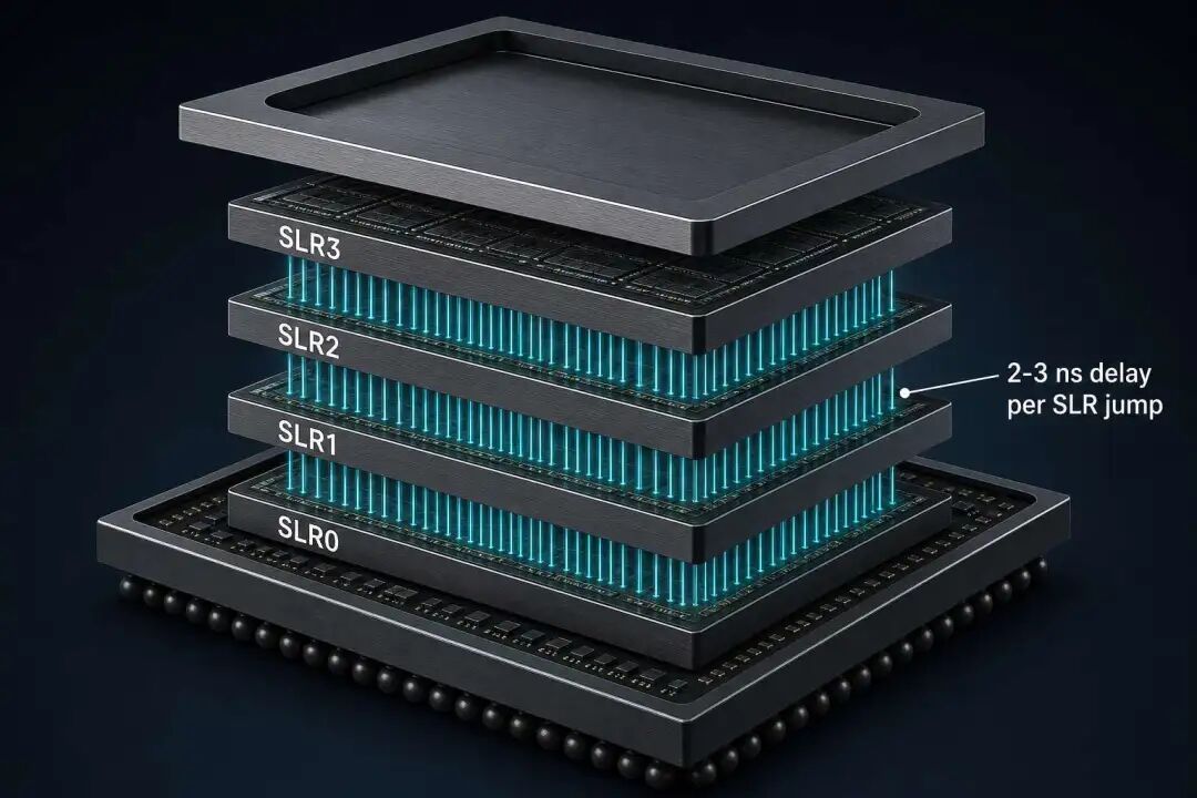 VU13P 4-SLR die-stack — Laguna interconnect + SLL 跨片延迟 2-3 ns / SLR jump