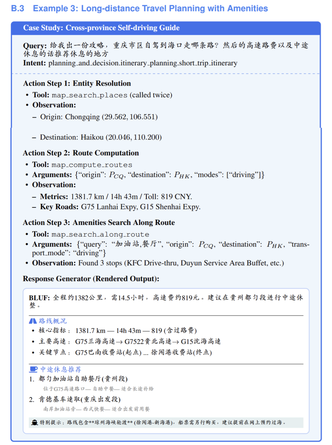 包含便利设施的长途旅行规划