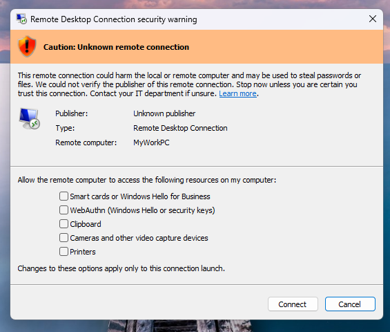 A screenshot of the connection security dialog when the publisher of the RDP file cannot be verified