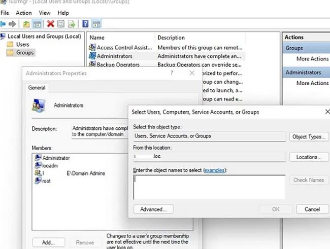 使用本地用户和组控制台 （lusrmgr.msc） 手动将用户添加到 Windows 中的 Admiinstrators 组