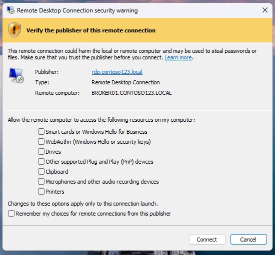 A screenshot of the connection security dialog when the publisher of the RDP file can be verified
