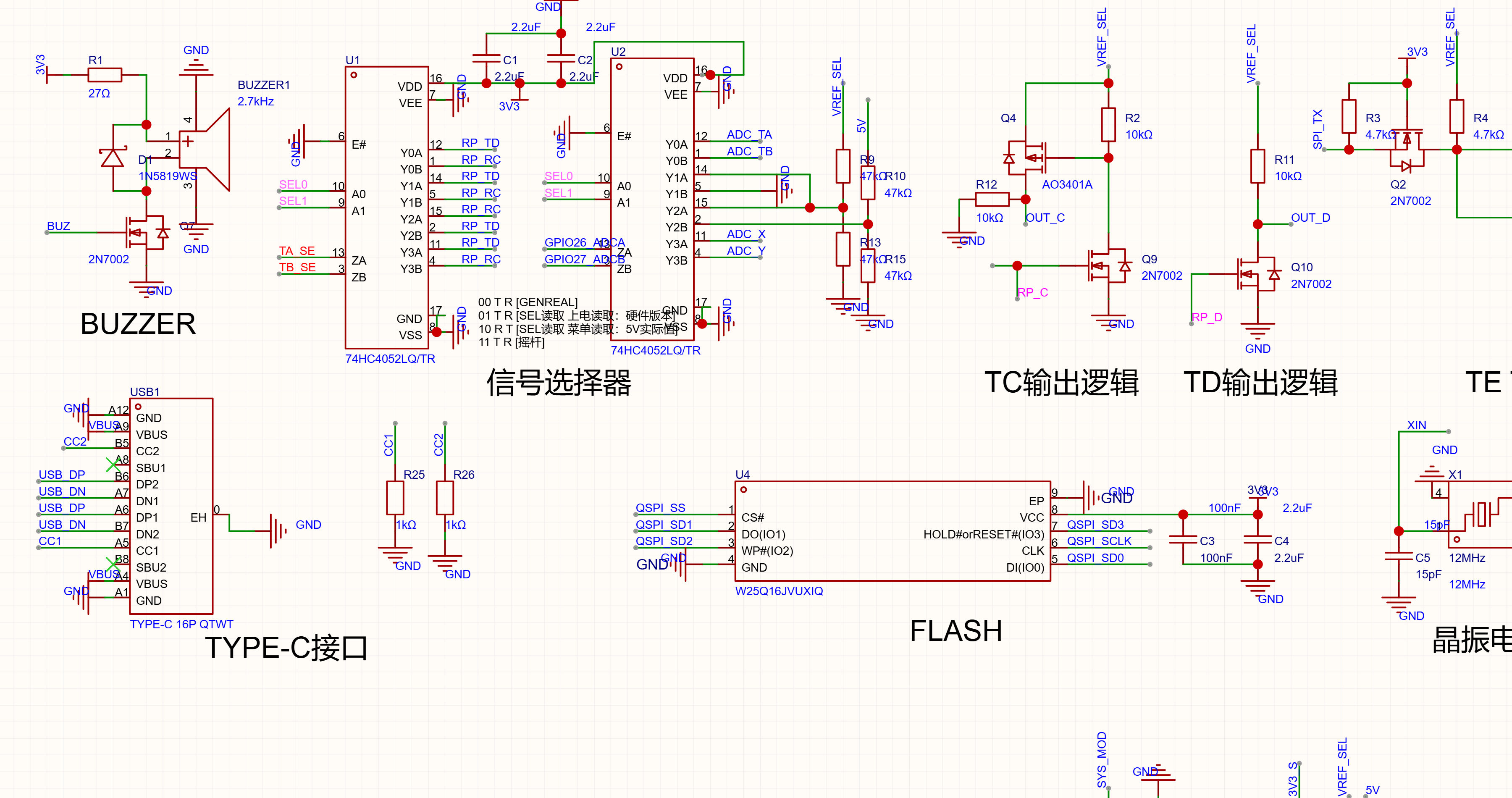 图3 Type-C的CC下拉、信号选择器、QSPI Flash和12MHz晶振。