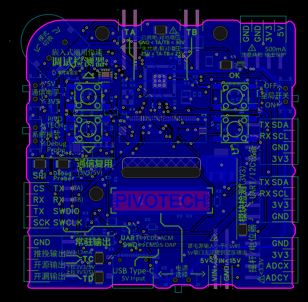 图6 PCB2_8底面，水平镜像后由底面观察，蓝色铜层与过孔分布。
