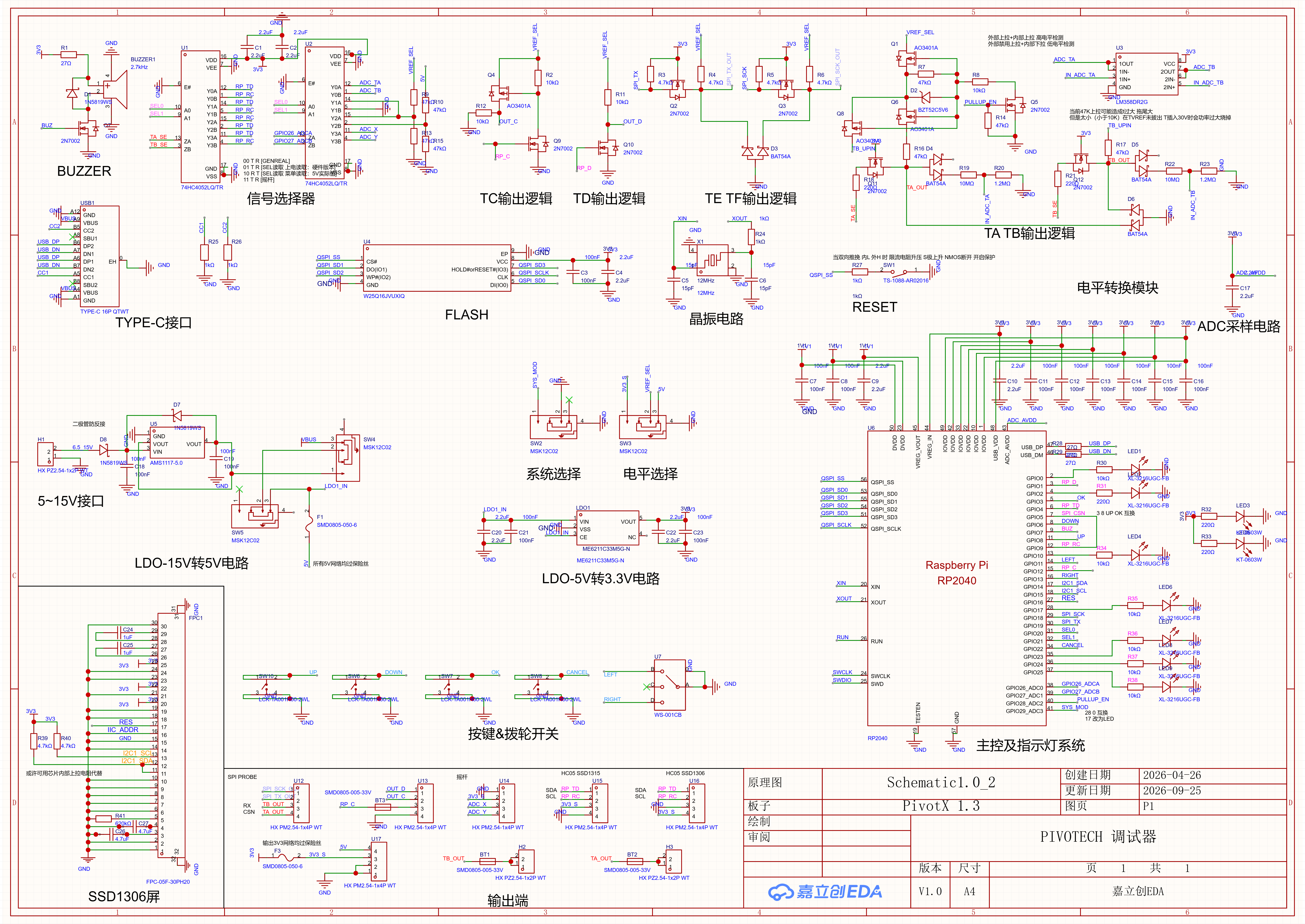 图1 立创EDA登录后导出的完整原理图，版本栏为 Schematic1.0_2，板子为 PivotX 1.3。