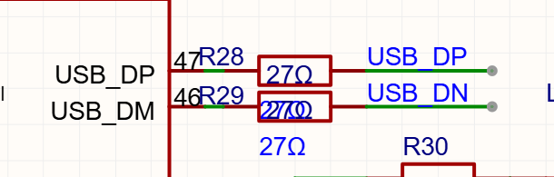 图4a RP2040的USB_DP与USB_DM引脚、R28和R29的27Ω串联电阻。