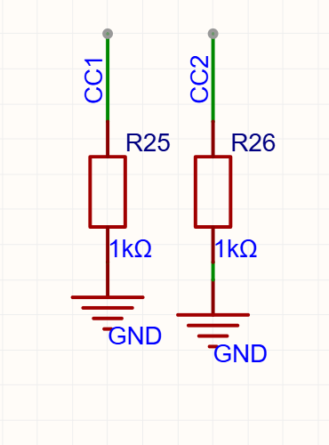 图3a CC1、CC2的下拉局部，R25、R26在原工程中均标为1kΩ。