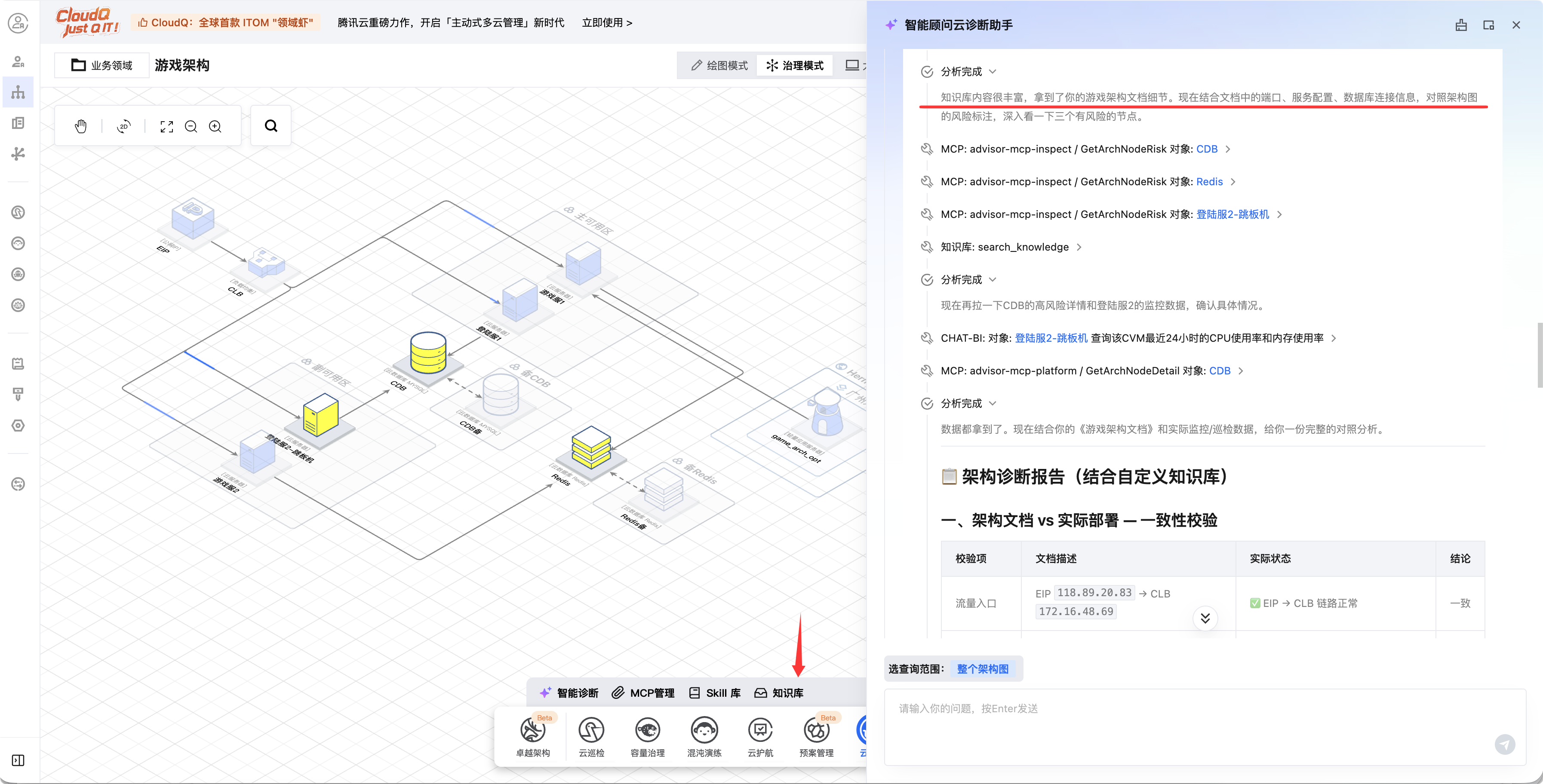 智能顾问云诊断助手自动关联自定义知识库，沿架构依赖链逐层诊断