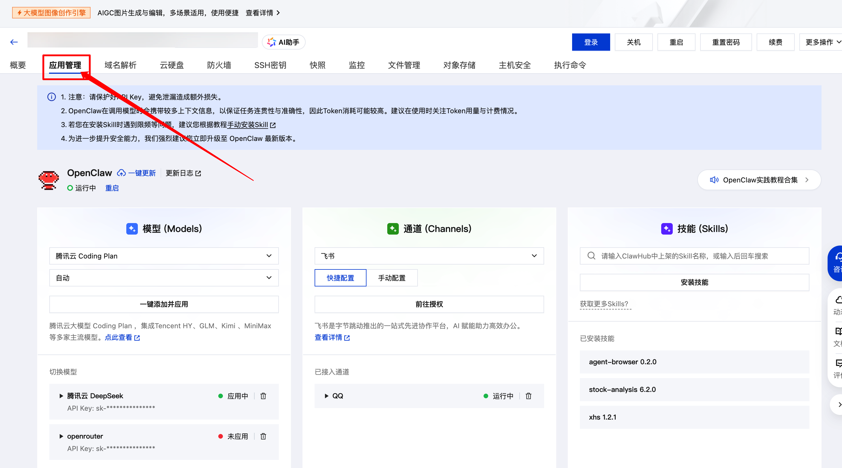进入 OpenClaw 应用管理页