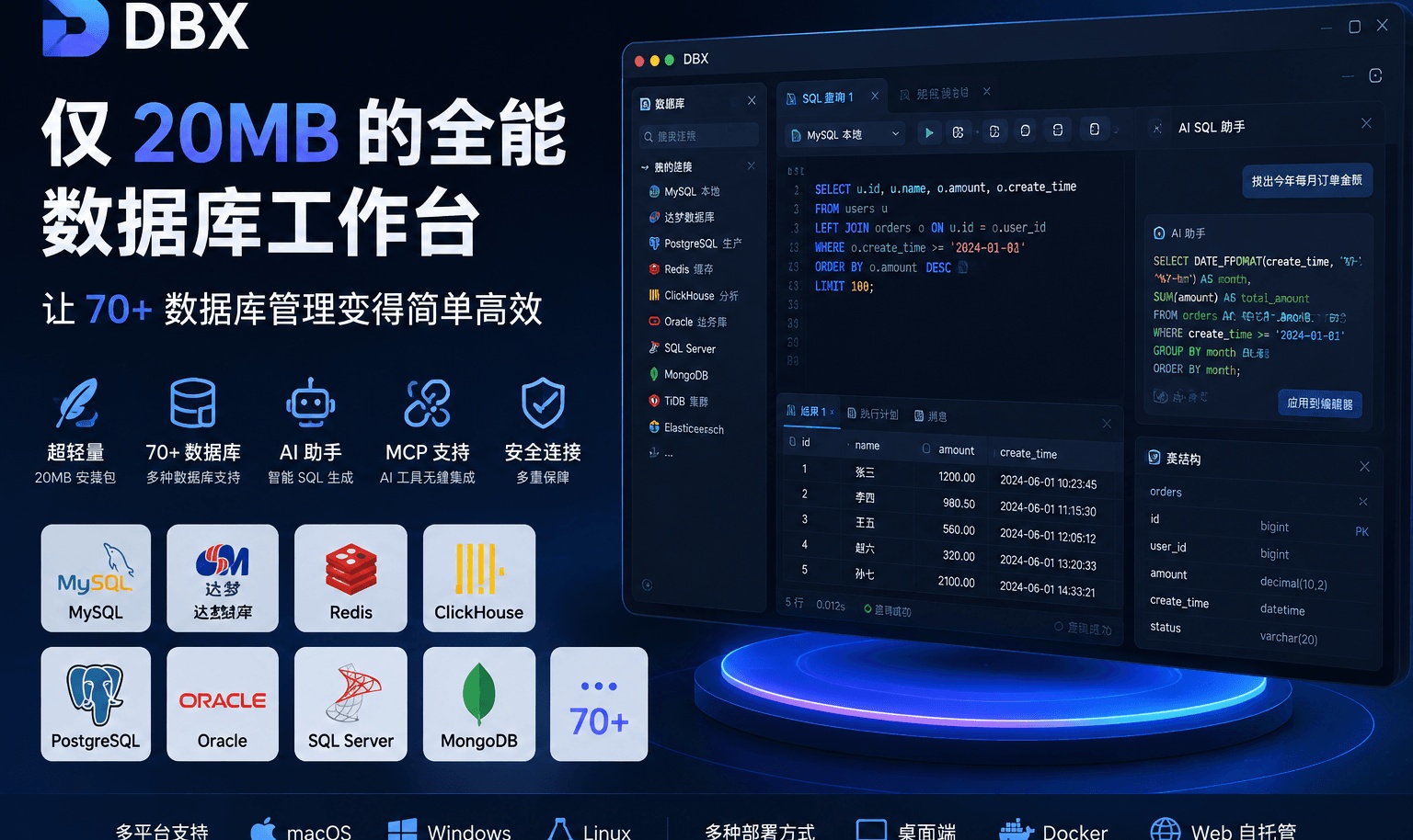 DBX：仅 20MB 的全能数据库工作台，让 70+ 数据库管理变得简单高效