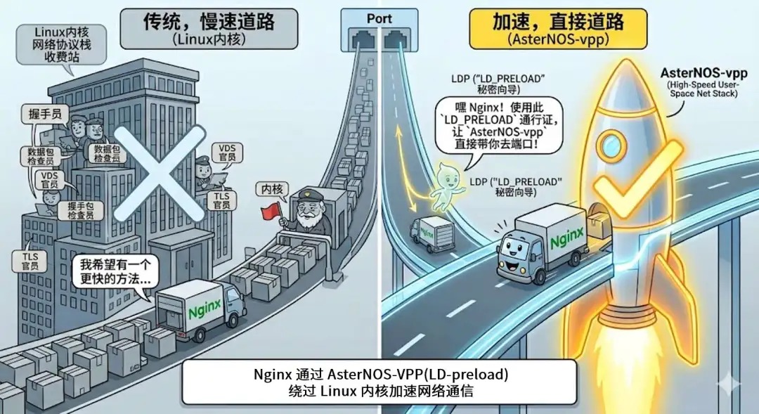 Nginx通过AsterNOS-VPP(LDP机制)绕过Linux内核加速网络通信