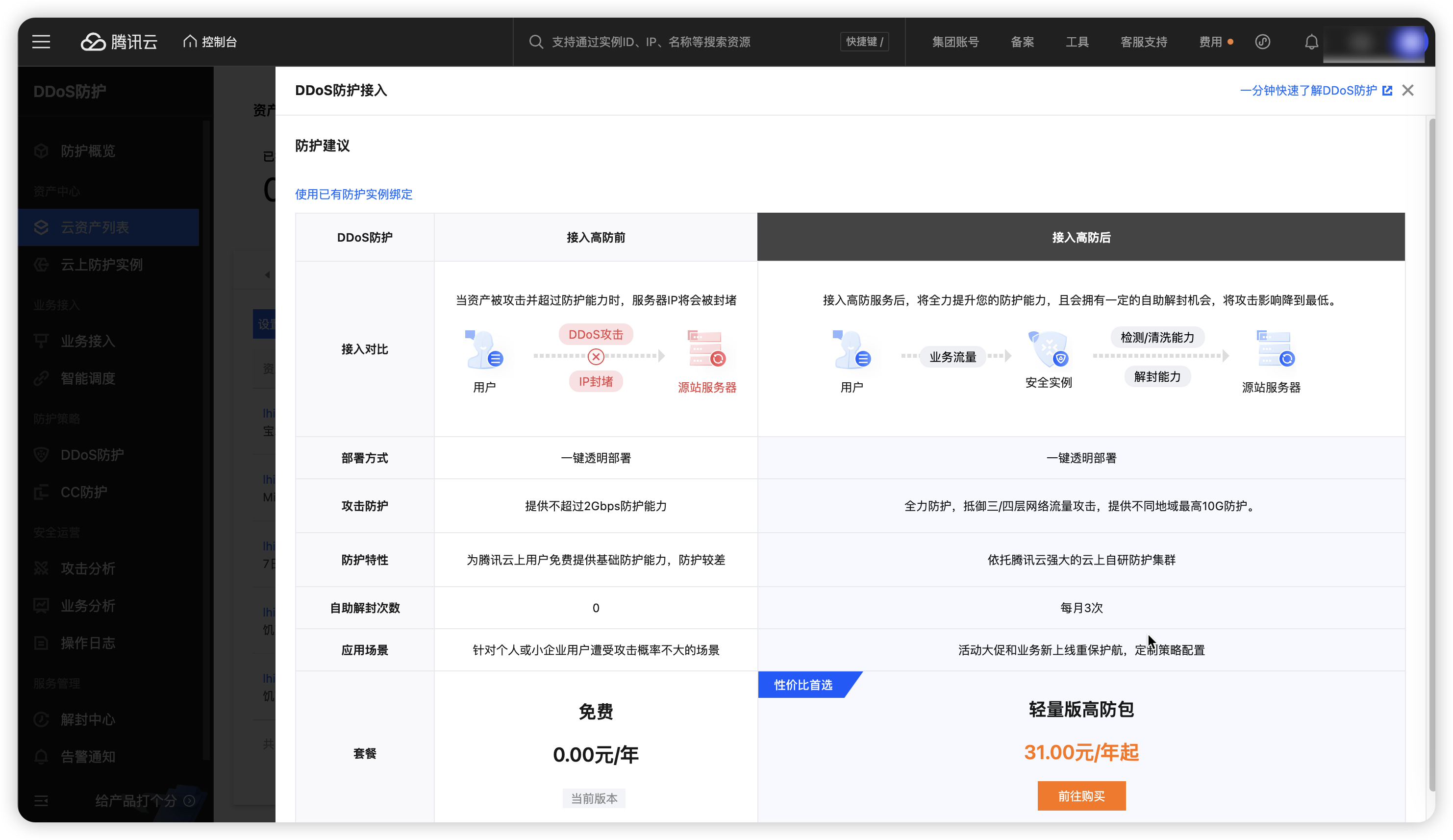 选择DDoS高防包购入提高防护效果（图为基础版）