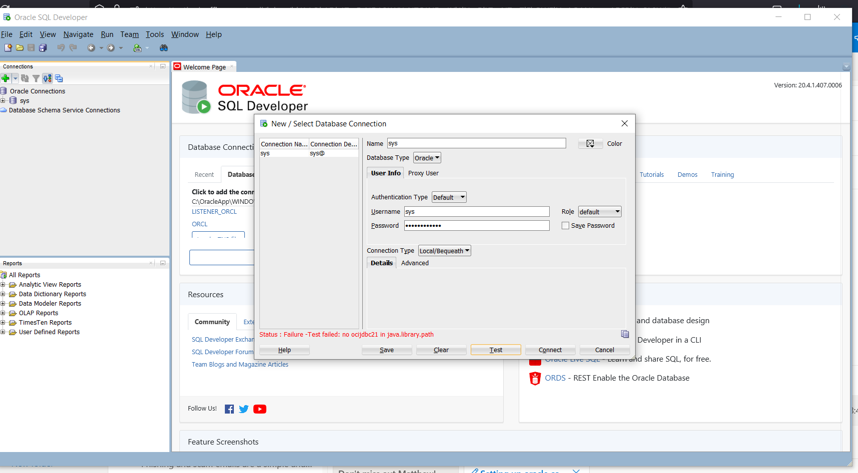 Sql developer ocijdbc21 in java library path 