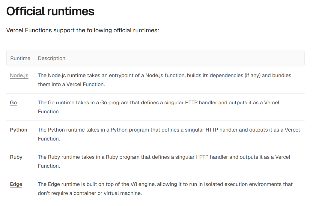 Vercel Functions 官方 runtime