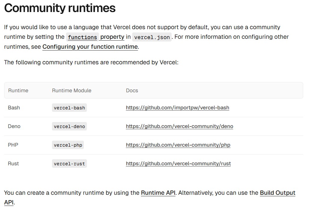 Vercel Functions 社区 runtime