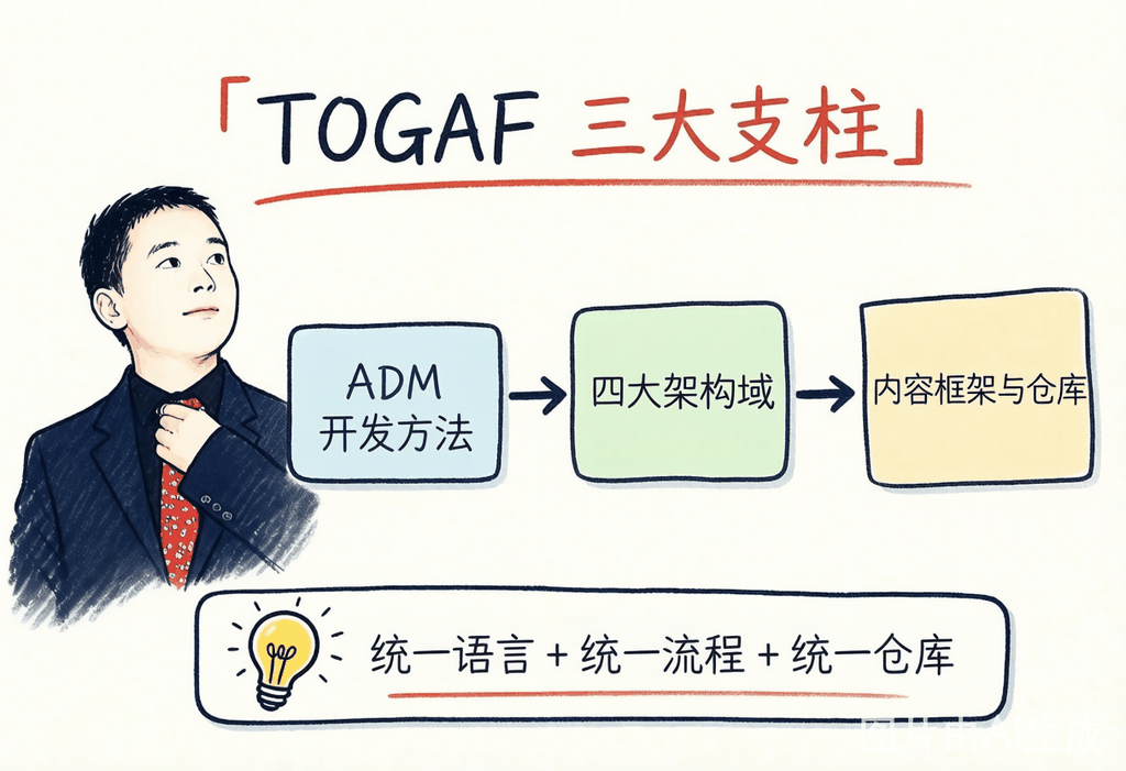 TOGAF 三大支柱：ADM、四大域、内容框架