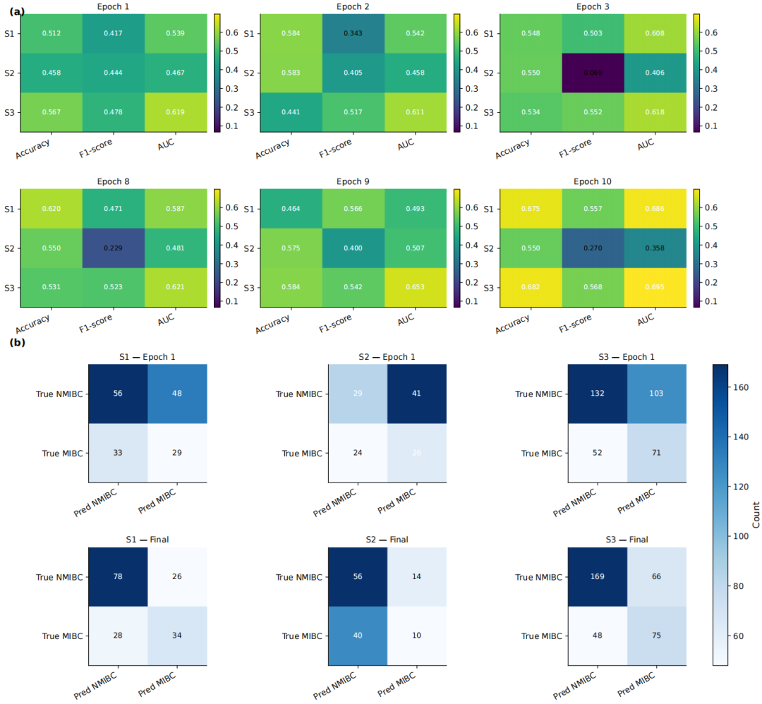 图4 DADCNet的跨中心泛化。不同训练测试场景（场景1-3）中的准确性、F1分数和AUC热图，以及多中心验证设置下的混淆矩阵。