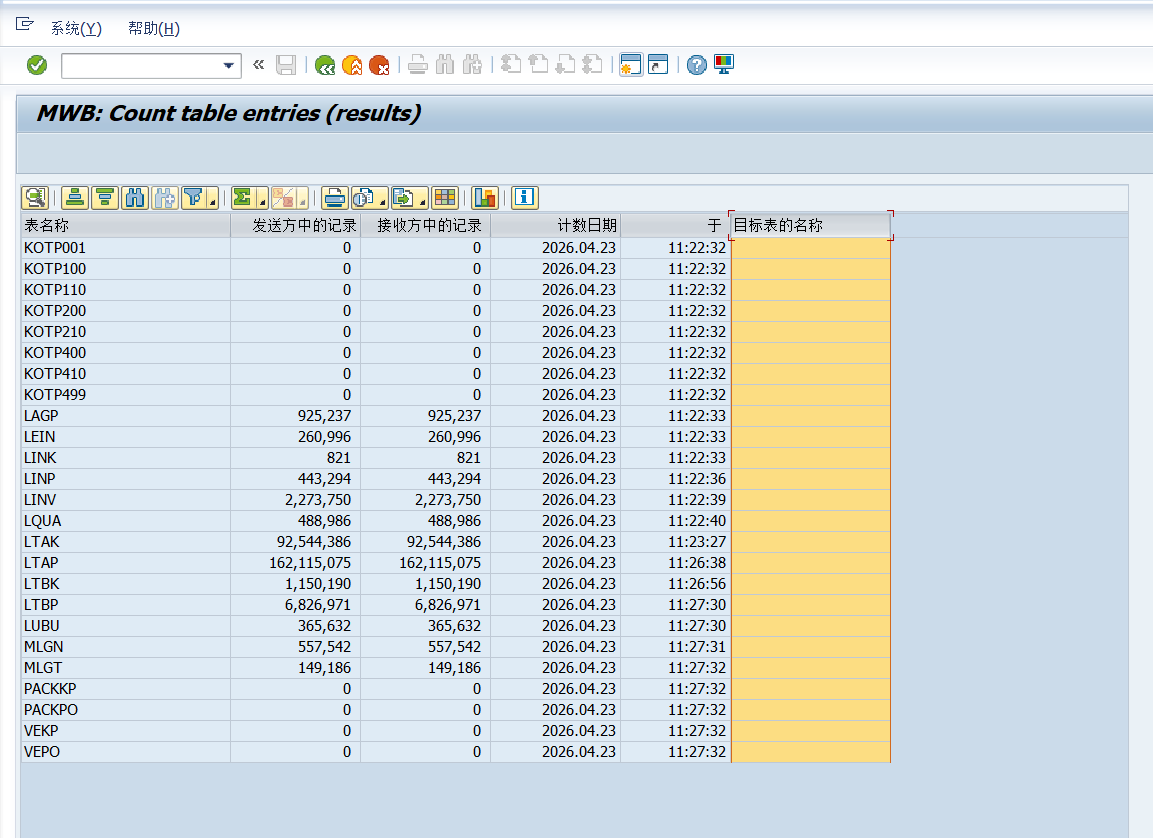表名和对应的条目数