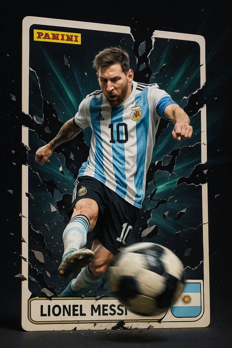 Generate a portrait ratio image with this prompt
A professional studio photo Panini soccer card featuring football legend Lionel Messi wearing his iconic Argentina blue and white striped jersey. In a dramatic moment, Messi kicks the ball with force, breaking through the boundary of the card—shattering it into fragments. The card explodes into reality as Messi emerges from the 2D surface into the 3D world. In the foreground, a football spins at high speed, blurring toward the viewer. The background reveals the torn remains of the card against a dark backdrop, while radiant aurora-like light beams burst outward from the broken card, creating a surreal and powerful dimensional crossover effect.