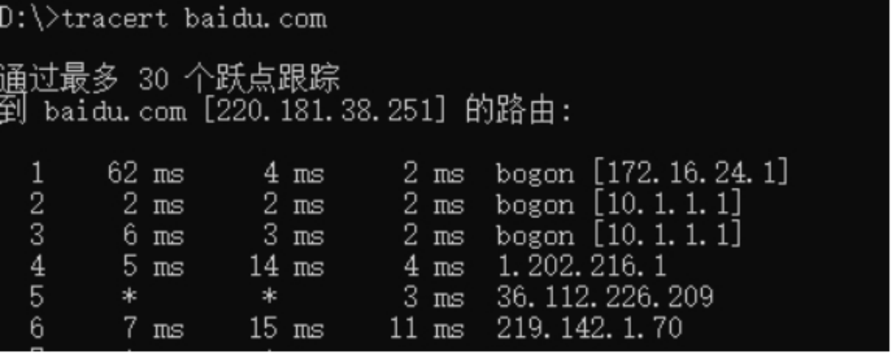 图1-16 Tracert命令探测出网成功