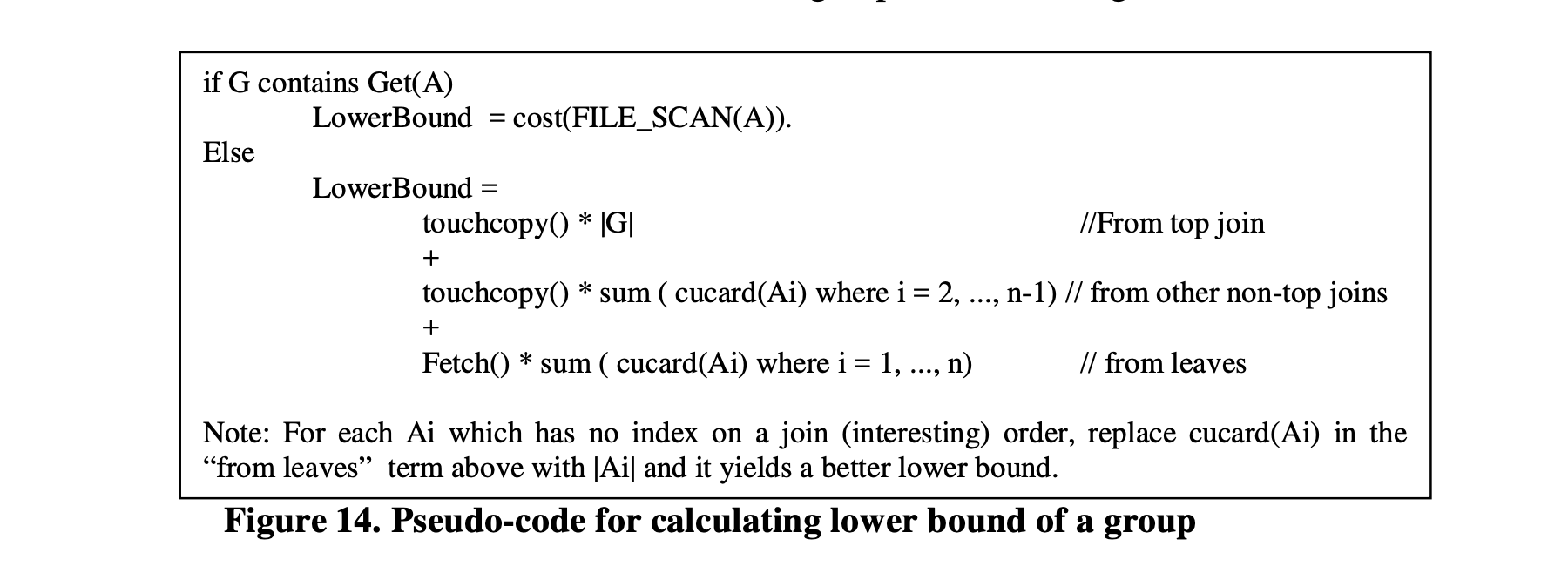 图14   注意：对于每个没有在 join 顺序上建立索引的Ai，将上述“from leaves”项中的cucard(Ai)替换为|Ai|，可以得到一个更好的下界。
