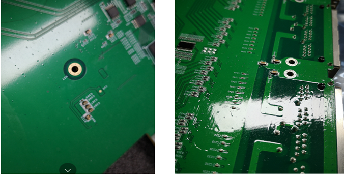 图为：未做过处理的PCB板和做过三防涂覆处理的PCB板。