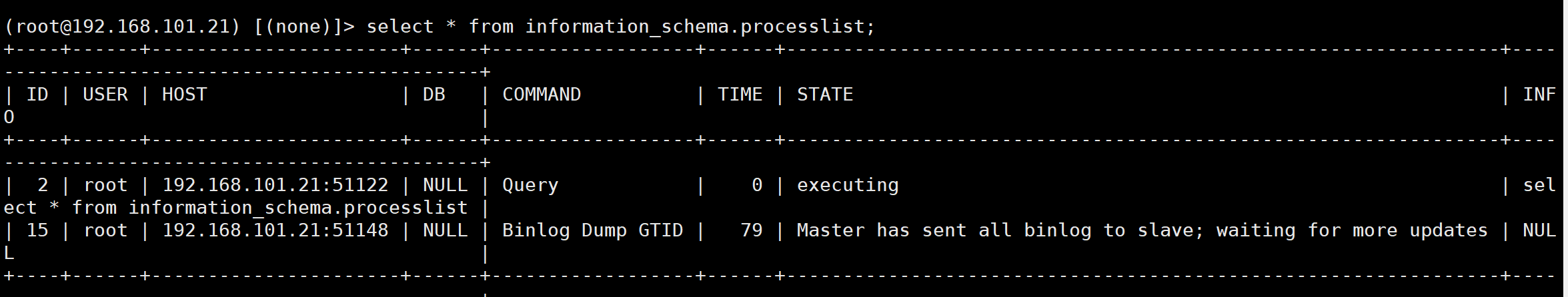可以使用show processlist 看到我们的连接