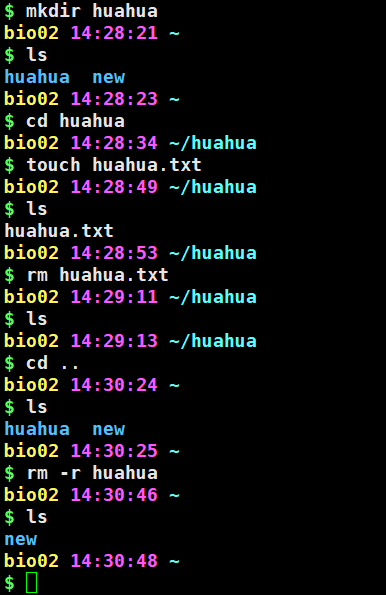 家目录下创建huahua文件夹，访问新建的huahua文件夹，在huahua文件夹中新建文件 huahua.txt, 删除huahua.txt 文件，cd ..返回上一级目录，删除huahua文件夹（删除文件夹要加 -r 递归参数）